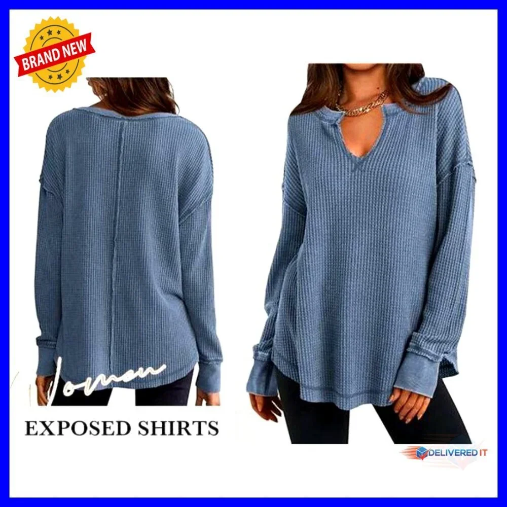 Waffle Knit Long Sleeve Tunic Top Loose Fit V-Neck Casual Dressy - Picture 7 of 7